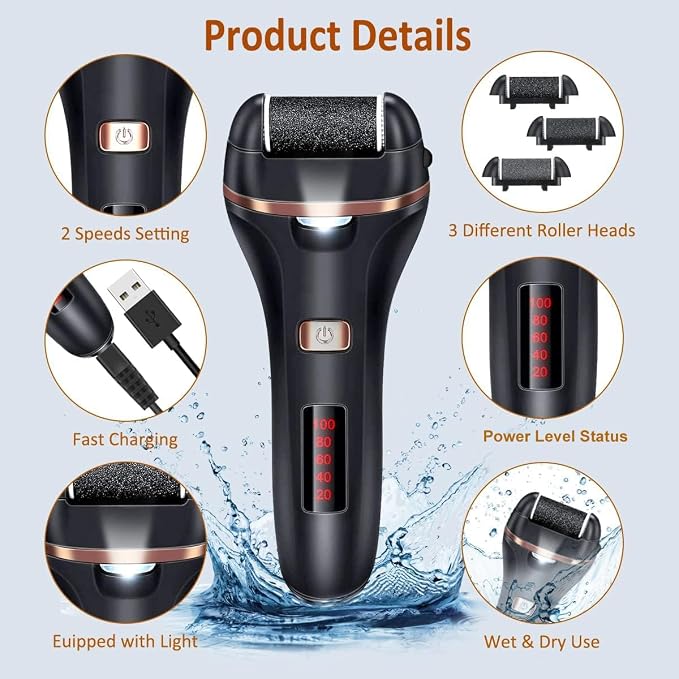 AdamPark Electric Callus Remover for Feet,Rechargeable Foot File Hard Skin Remover,Waterproof 14 in1 Professional Pedicure Kit for Cracked Heels &Dead Skin,with 3 Roller Heads 2 Speed(Black J8)