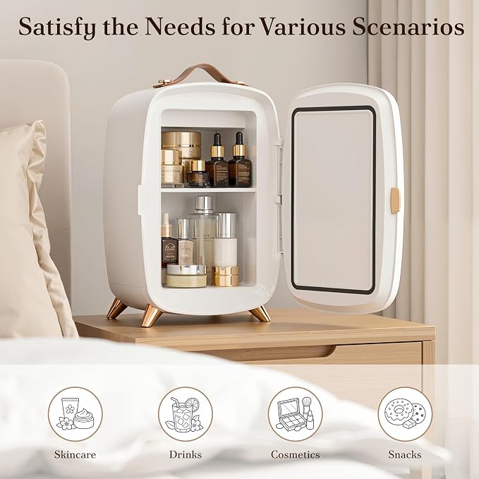 Electactic Mini Skincare Fridge with Dimmable LED Mirror, 6L Makeup Fridge Holds 8 Cans, 7° Lean-Back Mirror Design, Portable Cosmetic Refrigerator for Skincare, Beauty Products & Drinks, White