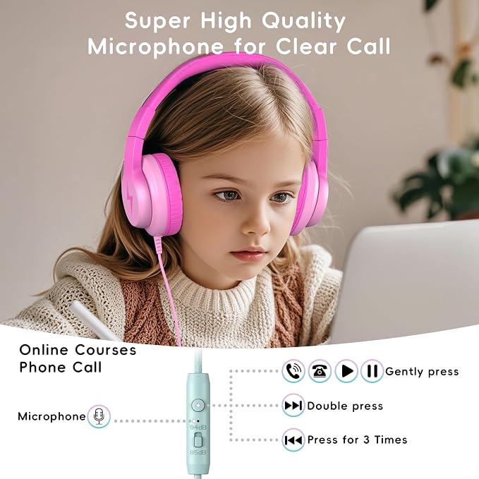 Candy Bila Kids Headphones, Wired Headphones for Kids Over Ear with Microphone, Foldable Headphone for Learning & Entertainment, Gradient Deep Pink