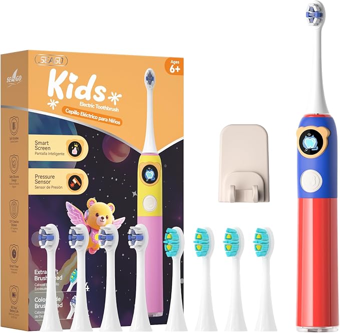 SEAGO Kids Electric Toothbrushes Rechargeable, Sonic Toothbrush with Pressure Sensor, Smart Timer and Silicone Coat, 8 Toothbrush Heads for Ages 3+ Boys Girls (Red)