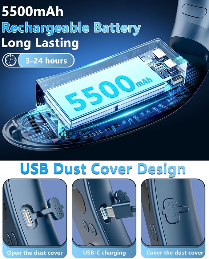 Neck Fan with Cooling Plate,Powerful Cooling 5500mAh 24H Long Battery,5 Speeds Portable AC Cooler Function,LED Display USB Hands Free Bladeless Wearable for Men Women Kids Office Home Travel Azure