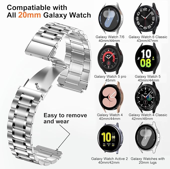 SUPLINK Compatible with Samsung Watch 7 6 5 4 40mm 44mm Band/Galaxy Watch 4 6 Classic Band 42mm 46mm 43mm 47mm/Galaxy Watch 5 Pro 45mm/Active 2, 20mm Metal Replacement Strap for Women Silver