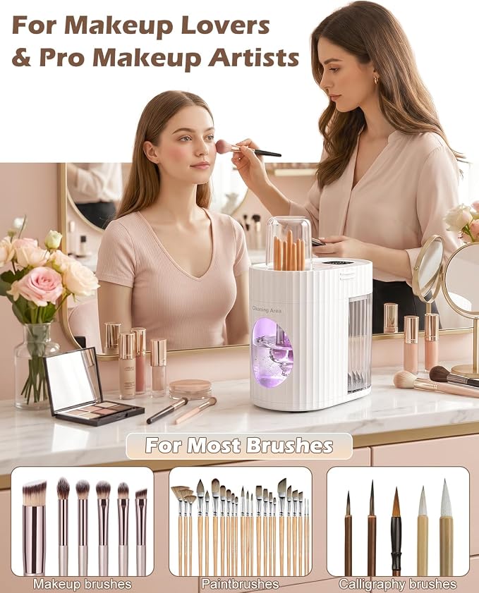 Electric Makeup Brush Cleaner with Cosmetic Brush Dryer, Free Your Hands One-Button Start, [No Damage to Makeup Brushes] Low Noise Portable Automatic Brush Washing Machine for Most Brushes Size