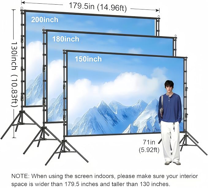 Projector Screen and Stand,200 inch Outdoor Projection Screen 16.67FT Large Portable Movie Screen Wrinkle-Free 16:9 4K Washable with Carry Bag for Backyard Theater Movie Night Celebration