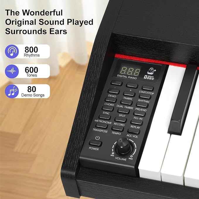 Digital Piano Keyboard 88 key,Semi-Weighted Electric Piano,Full Size Acoustic Piano for Beginners with Pedal, USB-MIDI Compatibility (Black)