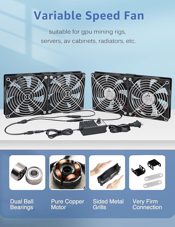GDSTIME Big Airflow 4X 120mm Fans with 100V-240V AC Powered Speed Controller for DIY GPU Mining Rig Server Racks AV Cabinets TVs Routers Cooling Ventilation