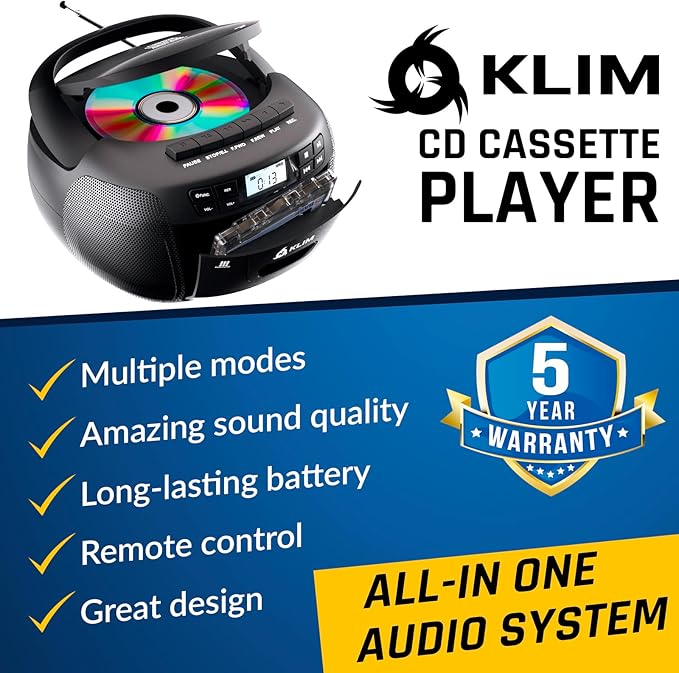 KLIM CD Player & Cassette Tape Player with Case, Bluetooth Boombox, AM/FM Radio, Stereo Sound, Remote, CD and Cassette Combo, Tape Recording, USB Drive, AUX, AC/DC Powered