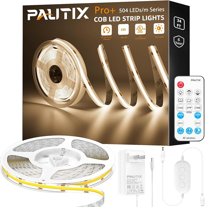 PAUTIX COB LED Strip Light 3780LEDs,Super Bright 8000Lumen 4000K Natural White 24ft,Dimmable 24V LED Tape Light with 3M Tape,RF Remote with Timer Function,48W Power Supply,for Bedroom,Home,Kitchen DIY