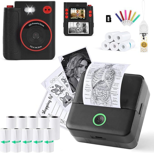 cudinham Print Pods X6 Mini Printer for Note with 10 Rolls Paper & X8D 1080P HD Dual-Lens Kids Camera Instant Print with 5 Rolls Paper and 32G TF Card