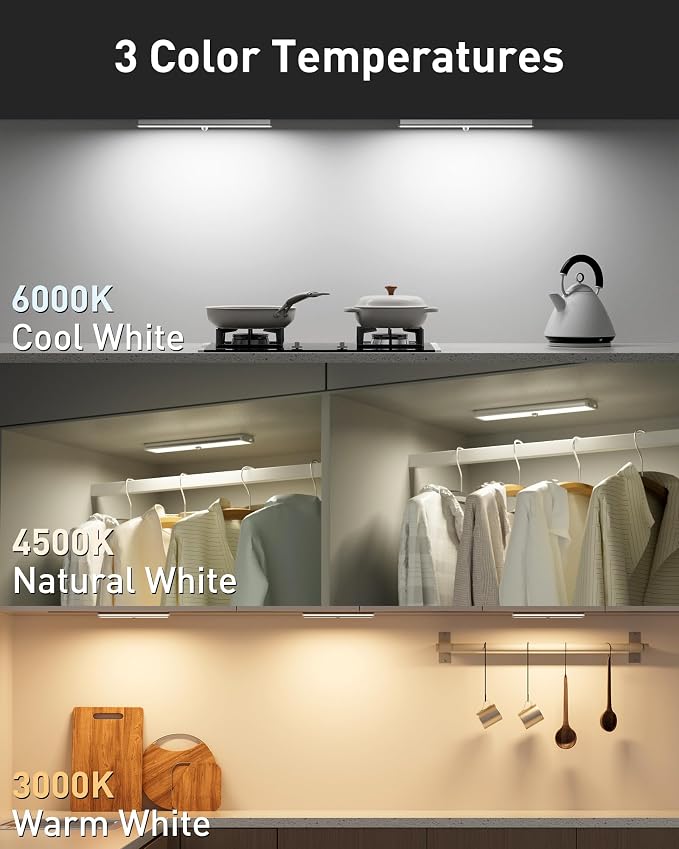SZOKLED Under Cabinet Lights, 20LED Under Cabinet Lighting Rechargeable, Remote LED Closet Lights Bar, Under Counter Lights for Kitchen Shelf Pantry Shelf Hallway Stairs, 3 Colors 6 Pack