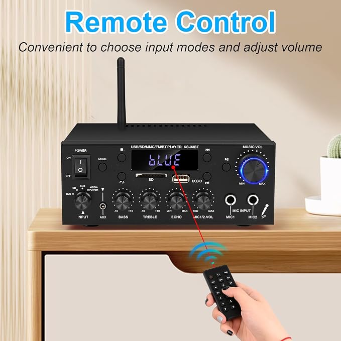 Romicta Stereo Audio Amplifier, 2 Channel 500W Bluetooth 5.0 Home Audio Stereo Receiver with FM, Echo, AUX, USB, SD, MIC Inputs, Power Amplifier for Passive Speakers and Active subwoofer