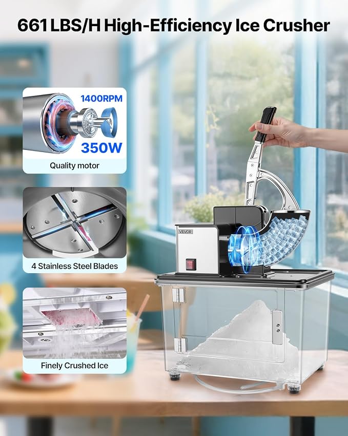 VEVOR Commercial Ice Crusher 661LBS/H, 350W Electric Snow Cone Machine with 4 Blades, 2000RPM Stainless Steel Shaved Ice Machine with 11 Gal Crushed-Ice Box, for Family Restaurants Bars, Black