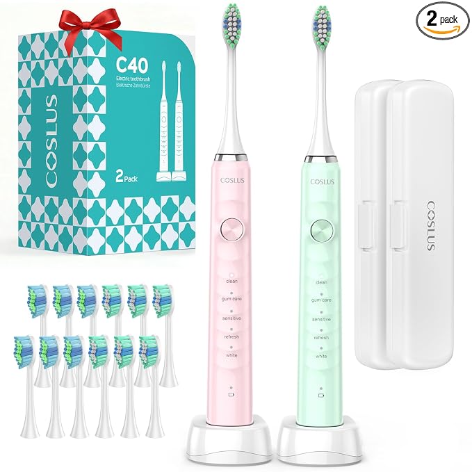 COSLUS C40 Sonic Electric Toothbrush for Adults: 47000 VPM for Deep Cleaning & Whitening with Travel Case - 5 Modes for Sensitive Teeth & Braces, Wireless Charging, 6 Brush Heads, Pink & Green (2PCS)