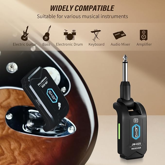 JOYO 5.8GHz Wireless Guitar System Rechargeable Transmitter Receiver with 4 Channels, Low Latency, 48kHz/24Bit, 65ft Range, 6 Hour Battery for Electric Guitar & Bass (JW-02S)