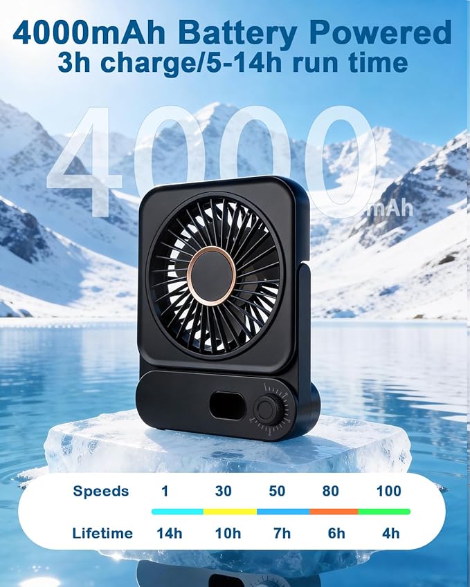 Magnetic Cruise Desk Mini Fan, 4000mAh Ultra-Slim Travel Fan Rechargeable, 0-100 Speeds, 150° Adjustable Portable Fan for Ship Cabin, Bedroom Sleeping, Camping, Travel & Cruise Essentials 2026, Black