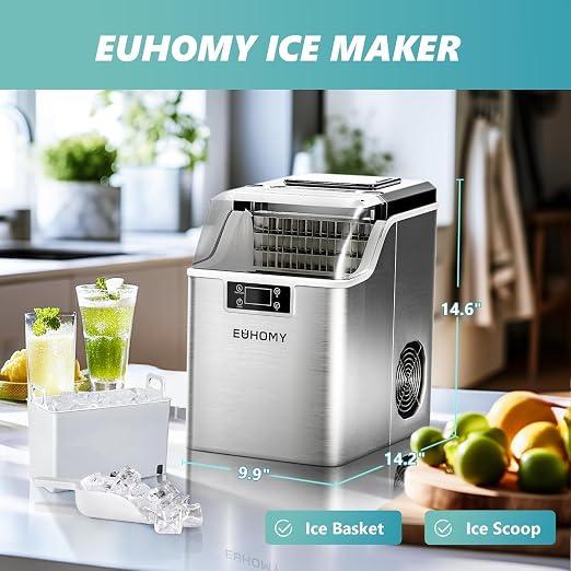 EUHOMY Ice Cube Maker Machine Countertop, 2 Ways to Add Water, 45Lbs/Day 24 Pcs Ready in 13 Mins, Auto-Cleaning Portable Compact, with Ice Scoop & Basket, Perfect for Home/Kitchen/Office/Bar (Silver)