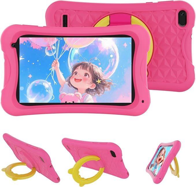 Digliand 7" Android Kids Tablet, Android 13, Quad-core Processor, 4GB+32GB, Pre-Installed Educational Apps, 2MP+5MP Dual Cameras, 3000mAh Battery, Shockproof Protective Case (Pink)