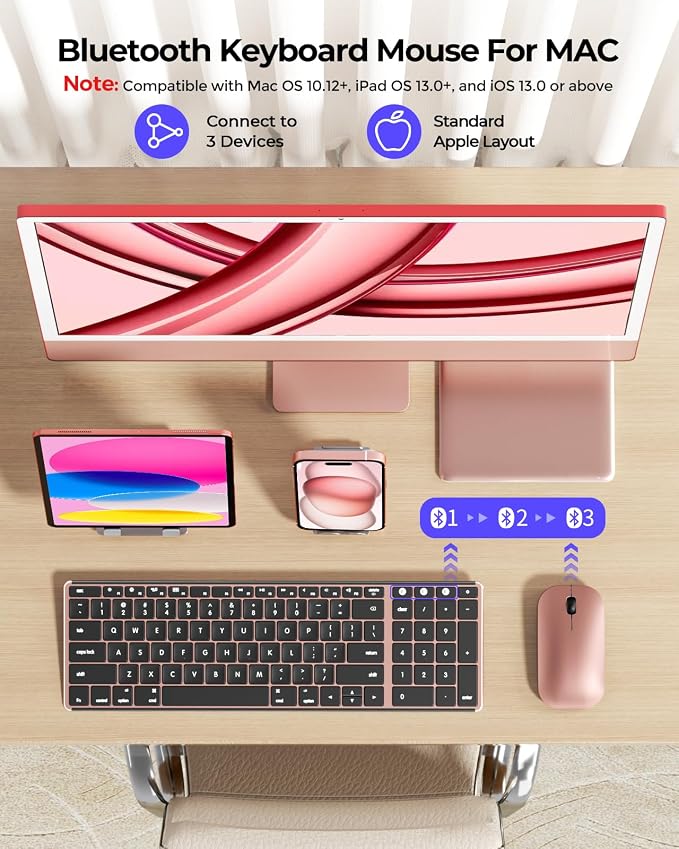 seenda Bluetooth Keyboard and Mouse Combo for Mac, SKM64-2 Rechargeable Silent Wireless Keyboard Mouse Compact Slim, 3 Multi-Device Connection, Compatible for Mac MacBook Pro/Air iPad, Black Rose Gold