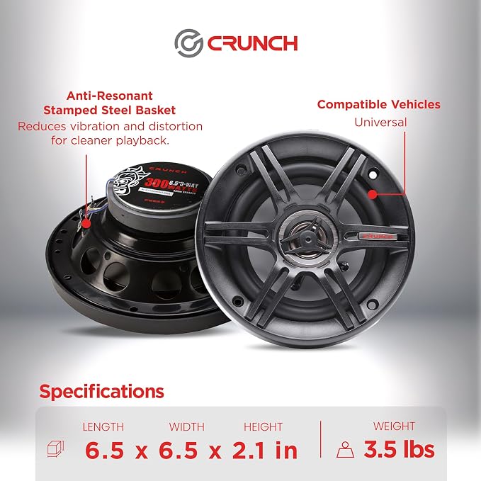 Crunch 2 Pair 6.5 Inch Car Audio Speakers, 300 Watt MAX 3 Way Full Range Speaker Set with 1 Inch Tweeter & Spade Terminal Connectors, CS-653