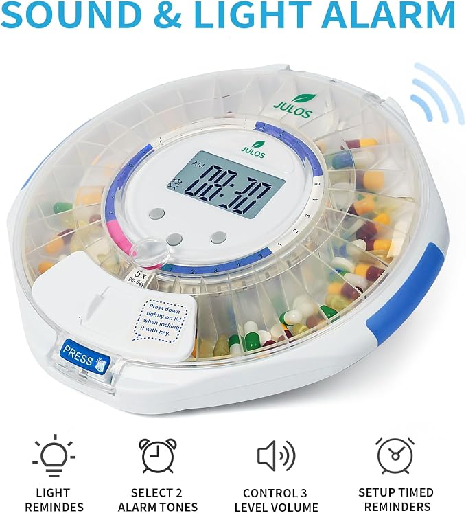 JULOS 28-Day Automatic Pill Dispenser with Alarm for Chronic & Alzheimer’s Care, Locked Medication Organizer w/Easy-Read LCD Display, Sound & Light & Alerts for Medication, Vitamins & More, Clear Lid