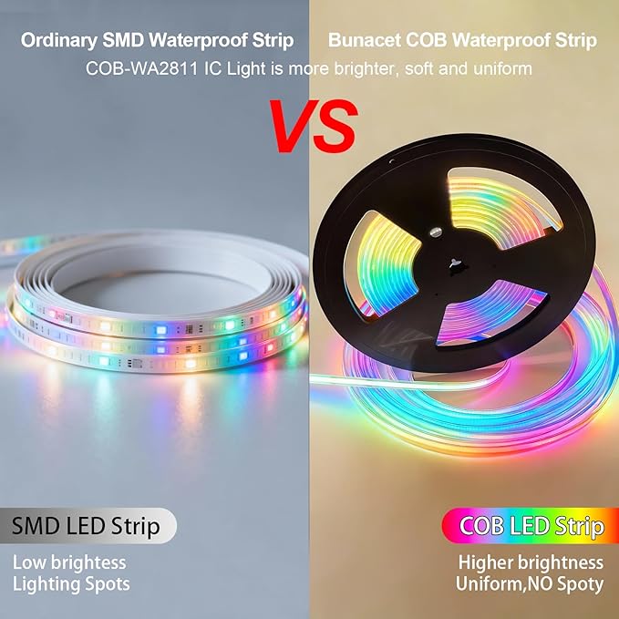80ft COB RGB+IC LED Strip Lights, Bright Dream Color COB LED Light Strip with RF Remote App Control Music Sync Color Changing for Garden Outdoor Home Decor Pool Patio Party DIY Decoration-2 Rolls