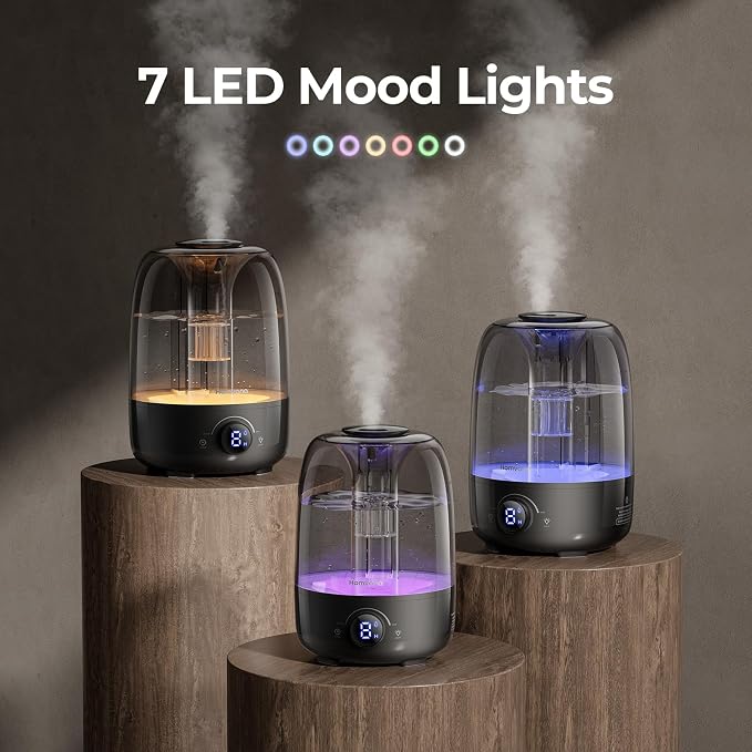 Homvana Humidifiers for Bedroom Diffusers - Top Fill 3.5L Cool Mist Humidifier Large Room, 40H Runtime Diffusers for Home, Air Humidifier for Plants, Baby Nursery, Essential Oil Diffusers (Black)