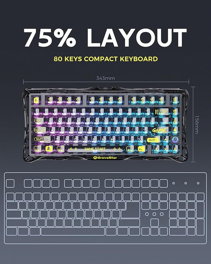 GravaStar Mercury K1 Lite 75% Gaming Keyboard, 2.4GHz/BT/Wired Tri-Mode Wireless Keyboard, Gasket Hot Swappable Mechanical Keyboard, Pre-lubed Linear Switches, RGB Backlit【Transparent Black】
