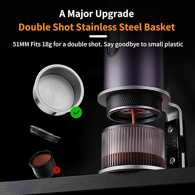 Bincoo Portable Electric Espresso Machine with Stand, Self-Heating, 20 Bar Car Coffee Maker Double Shot Travel Coffee Machine for Camping, Travel, RV, Hiking, Office, H1pro