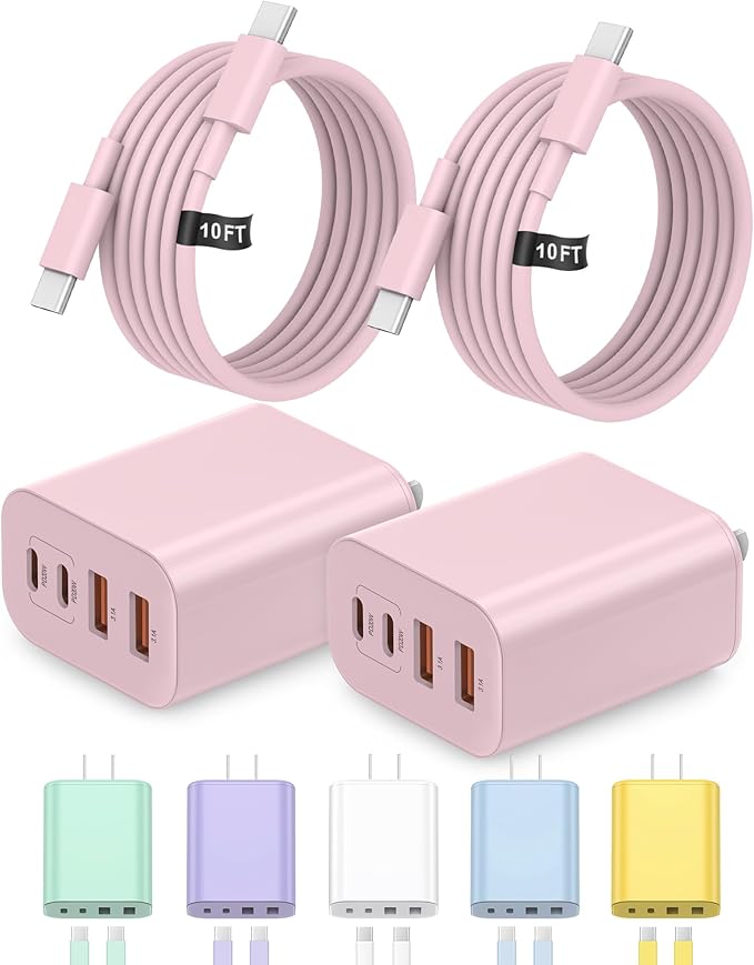 40W USB C Charger Block, iPhone 17 16 15 Charger Fast Charging,2-Pack 4-Port Fast Charging Block with 10FT Type C Cable Multiport Power Block for iPhone Air/iPhone17/16/15 Pro Max/iPad/Samsung(Pink)