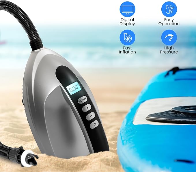 SereneLife Electric Air Pump Compressor – Portable Inflator for SUPs (Stand Up Paddle-Boards) & Pool Inflatables, Digital LCD Display, Adjustable Air Pressure Settings, Car Power Outlet Connection