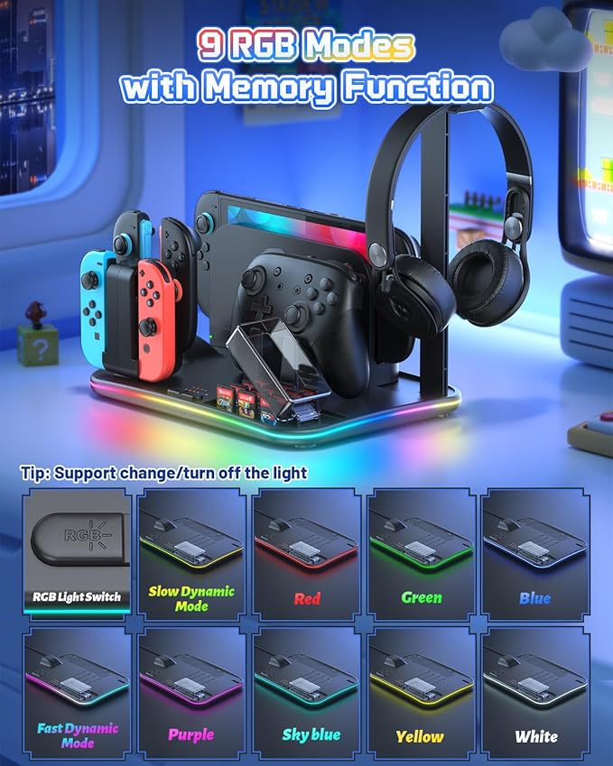 [Switch 2/1 Compatible] FASTSNAIL Charging Dock & Orgainzer Station & Cooling Fan for Nintendo Switch 2/1/OLED, Storage Stand for JoyCon 2/1 with 12 Card Slots, Controller/Headset Holder, 9 RGB Modes
