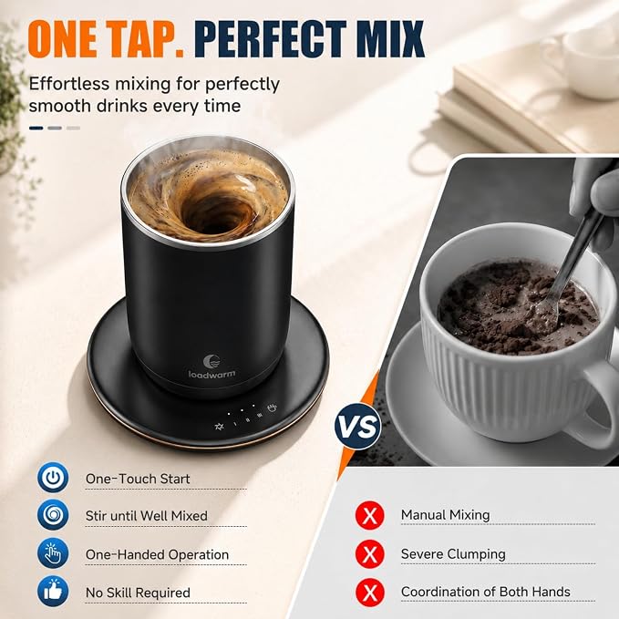 Self Heated Stirring Coffee Mug, 10oz Auto Mixing Cup with Warmer, Black | 3 temp settings, food-grade stainless steel interior, 8-hour auto shut-off, plug-in desk mug with Warmer for office home