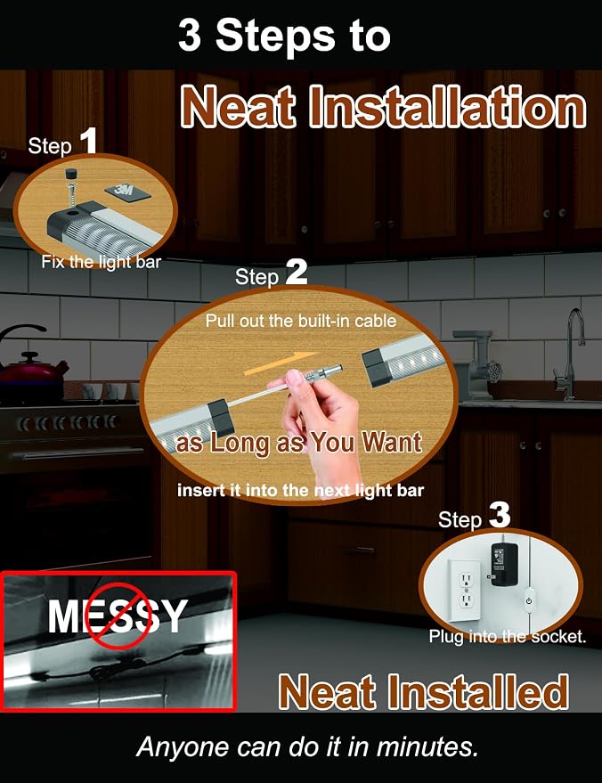 LED Under Cabinet Lighting Touch cabinet light Built-in Adjustable Cable No MESSY Wires! 3 Panel Counter Lights for Kitchen Garage Pantry Closet 3000K 1350Lm Super Bright Good for Timer Smart Plug