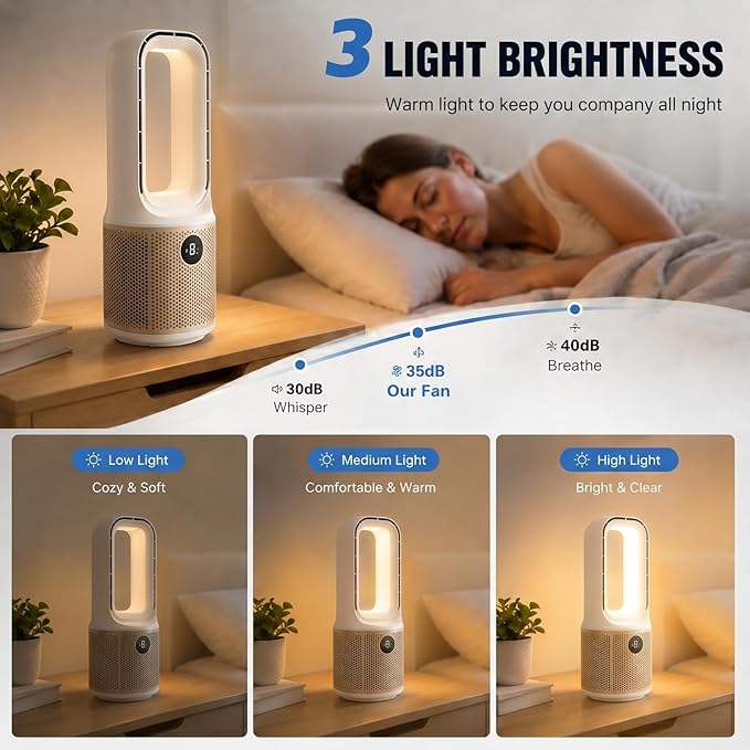 13.5" Bladeless Desk Fan, Quiet USB Rechargeable Portable Fan with 9 Speeds, 60° Oscillation, 1-9H Timer & 3-Level LED Night Light, Personal Cooling Fan for Bedroom, Office Desktop, Child & Pet Safe