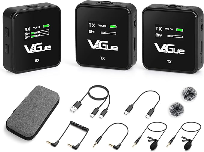 VeGue Wireless Lavalier Microphone System, 2.4GHz Dual Channel Wireless Lapel Mic with Noise Cancellation for DSLR Cameras, Camcorders and Phones, Lavalier Mic for TikTok, Interview and Recording
