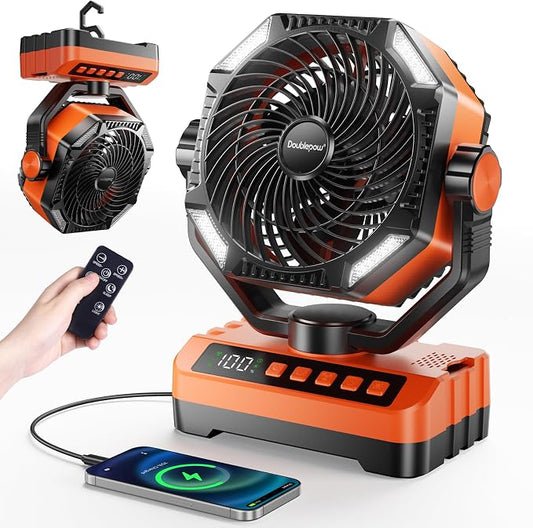 Doublepow 20000mAh Camping Fan with LED Light, Rechargeable Portable Table Fan, Upgrade with Remoter & Hook Auto-Oscillating Digital Display 5 Speeds & Timer, for Outdoor, Travel, Picnic, Power Outage