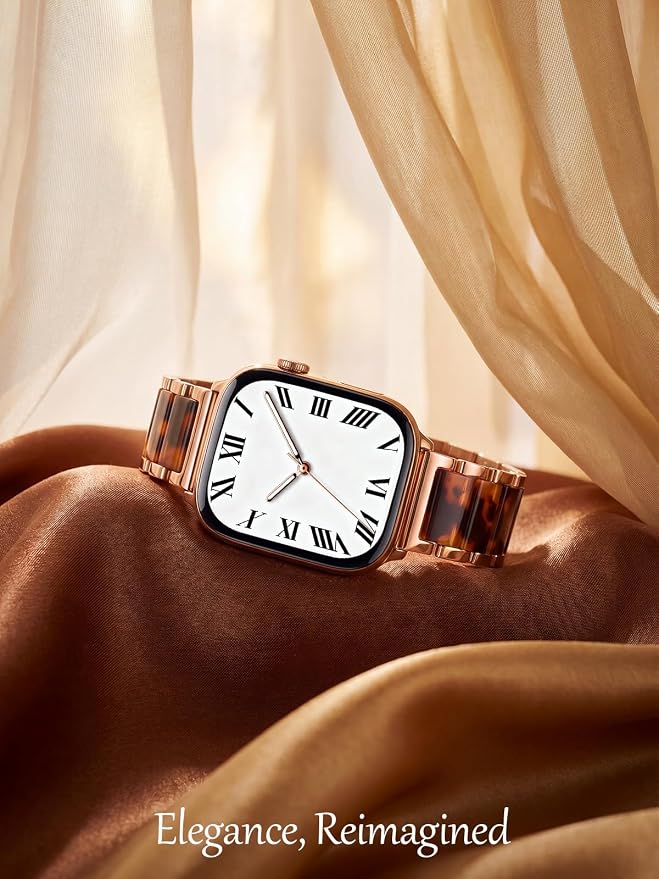 V.R.HOPE Apple Watch Band for Women 38mm 40mm 41mm 42mm Fashion Rose Gold Stainless Steel Metal Strap with Resin Inlay, Fashion Bracelet Compatible with iWatch Series 11/10/9/8/7/6/5/4/3/2/1/SE (Tortoise+Rose Gold)