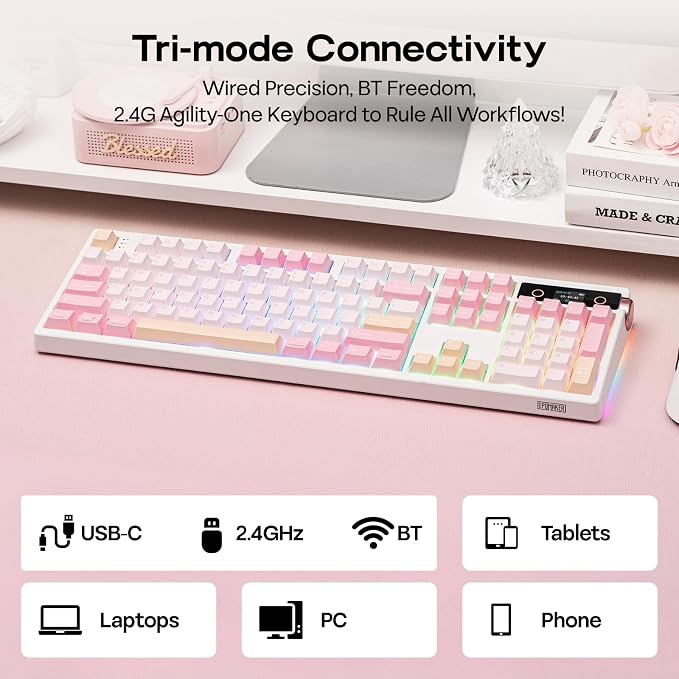 EPOMAKER TH108 PRO Full Size Mechanical Keyboard with Screen & Knob, Wireless Gaming Keyboard with 10000mAh, Creamy Gasket, Hot Swap, Custom Driver, RGB Backlight, NKRO (Pink, Creamy Jade)