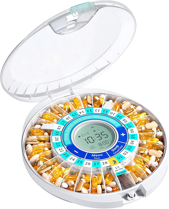 Daviky Automatic Pill Dispenser for Elderly with Alarm, 28-Day Electronic Locked Pill Box, Sound & Light Reminders for Medication, Vitamins, and Supplements