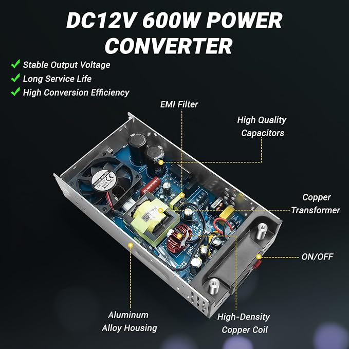 New Version Converter, 110V AC to 12V DC Converter Power Supply 12V 600W 50A DC Switch Transformer for RV,Pump,LED Strip, LCD Monitor (12V 600W)