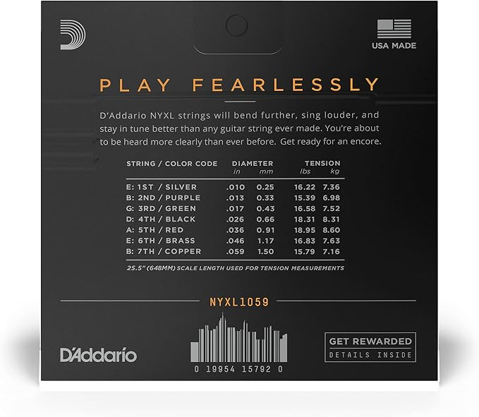 D'Addario Electric Guitar Strings, NYXL Nickel Plated, NYXL1059, Regular Light Gauge 10-59, 7-String Set, Pack of 1