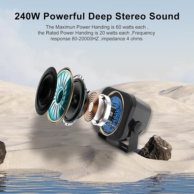 Herdio 4 Inch 240W Boat Marine Bluetooth Speakers Waterproof Outdoor Speakers for Golf Cart ATV UTV RZR Camper Tractor Boat Truck Jeep Courtyard Powersports,2 Pairs (Black)