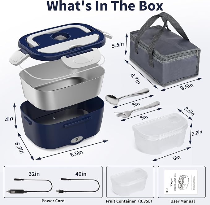 Vingud Electric Lunch Box Food Heater, 3 in 1 Heating Lunch Box for Work/Car/Truck, Heated Lunch Boxes for Adults with 1.5L Stainless Steel Container, 12V 24V 110V (Blue + White)