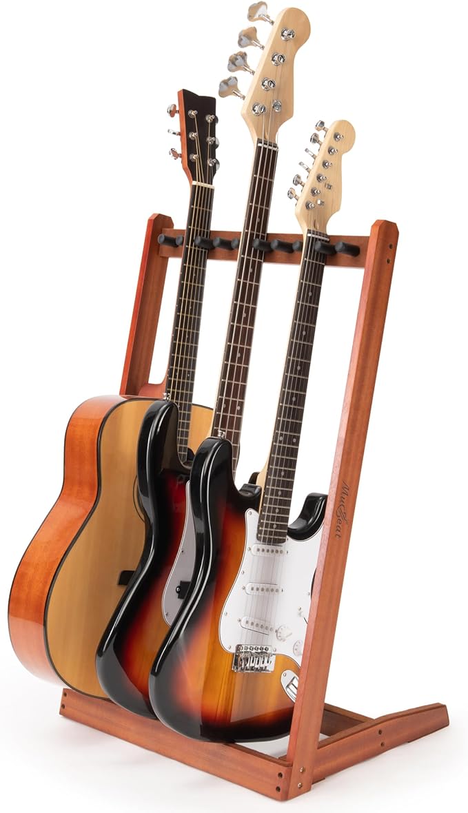Multiple Guitar Stand, Mahogany Wood Multi Guitar Stand for 3 Acoustic, 5 Electric or 5 Bass, Hardwood Instrument Rack for Men, Wooden Floor Instrument Racks for Home Decor, Studio Display