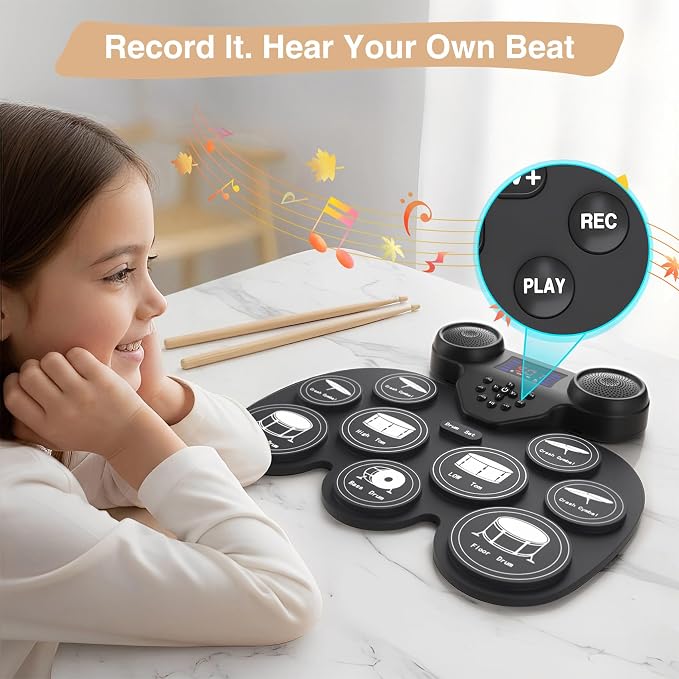 Electric Drum Set with 7 Colorful LED Light Patterns, Enhanced Rebound Feel, 9 Pads, Bluetooth MIDI, Dual Speakers for Kids and Adult Beginners