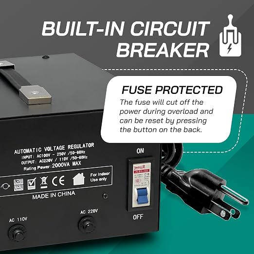 LiteFuze 2000 Watt Voltage Regulator with Transformer Step Up/Down 110V/220V - IEC Detachable Cord - Circuit Breaker (LR-2000)