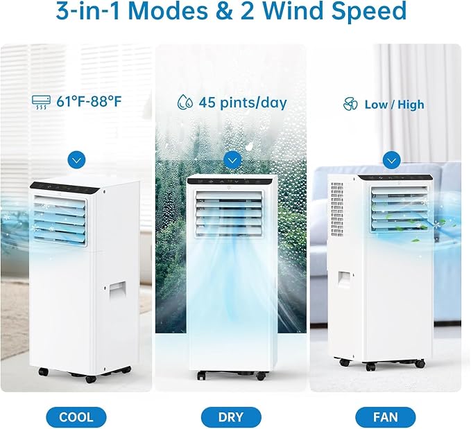 8000Btus Portable Air Conditioner 3-in-1 with Remote Control and LED Display - Cools Up to 350 Sq. Ft., Includes Dehumidifier, Fan, Sleep Mode, Energy Efficient, and Easy Installation Kit