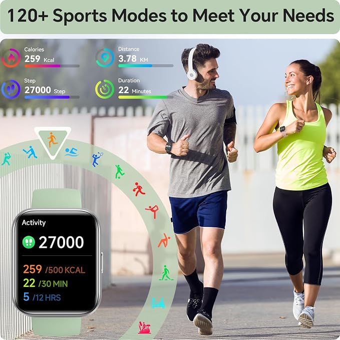 aeac Smart Watches for Women Men, 1.85" HD Smart Watch for Samsung/iPhone/Android, Fitness Tracker with 24/7 Heart Rate/Sleep/SpO2 Monitor, Smartwatch 120+ Sports Modes 3ATM Waterproof, Green