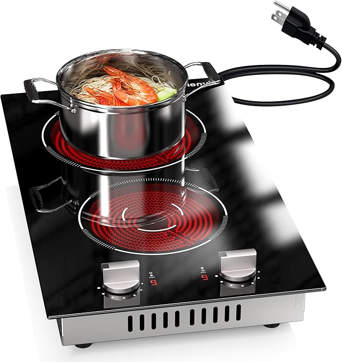 2 Burners Electric Cooktop 2000W, Plug in Electric Stove Top110v, Countertop & Built-in Cook top 12 Inch, 2 Burner Cooktop Knob Control, 9 Power Levels, Grey knob, Karienvir