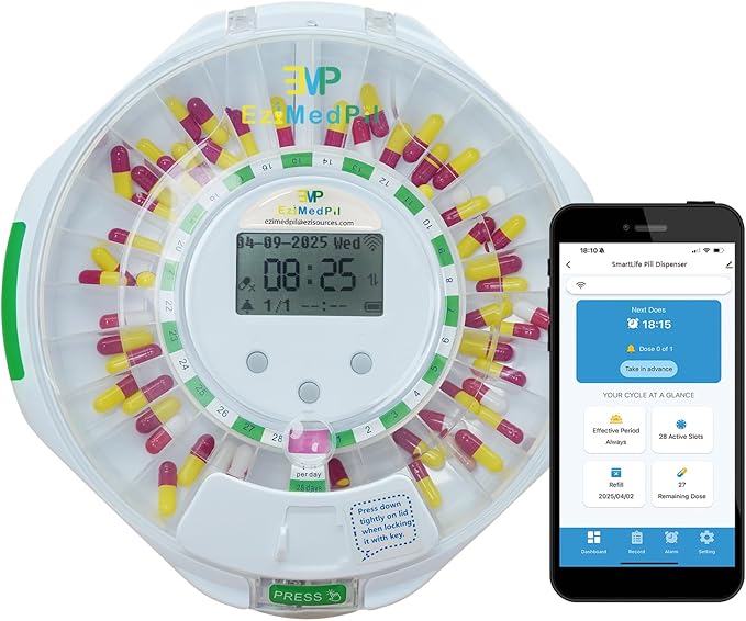 WiFi Automatic Pill Dispenser with Remote Operation via App for Caregivers | Up to 9 Alarms & Sound-Light Reminders for Parkinson & Alzheimer Patients, Real-Time Monitoring & Adherence History Tracking